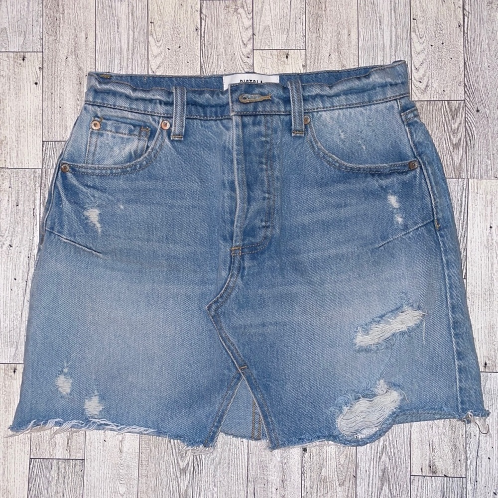 Pistola Denim Skirt 25 Distressed Button Fly Slit Contrast Pockets